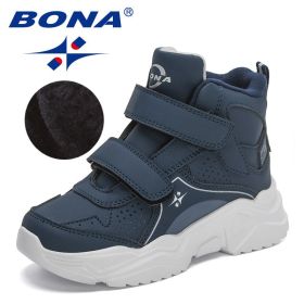 BONA 2022 New Designers Hiking Boots Kids Outdoor Sneakers Boys Girls Ankle Trekking Shoes Children Winter Plush High Top Shoes (Color: Deep blue S gray, size: 3.5)