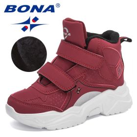 BONA 2022 New Designers Hiking Boots Kids Outdoor Sneakers Boys Girls Ankle Trekking Shoes Children Winter Plush High Top Shoes (Color: Dark red S gray, size: 4)