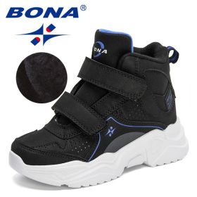 BONA 2022 New Designers Hiking Boots Kids Outdoor Sneakers Boys Girls Ankle Trekking Shoes Children Winter Plush High Top Shoes (Color: Charcoal grey R blue, size: 4)