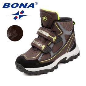 BONA 2022 New Designers Winter Snow Warm Boots Children Plush High Top Hiking Shoes Boys Sneaker Rubber Anti-Slip Footwear Girls (Color: Dark brown F green, size: 4)