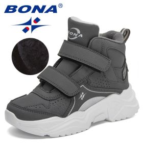 BONA 2022 New Designers Hiking Boots Kids Outdoor Sneakers Boys Girls Ankle Trekking Shoes Children Winter Plush High Top Shoes (Color: Dark grey S gray, size: 5.5)