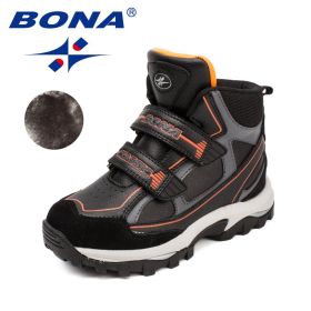 BONA 2022 New Designers Winter Snow Warm Boots Children Plush High Top Hiking Shoes Boys Sneaker Rubber Anti-Slip Footwear Girls (Color: Black F orange, size: 4)