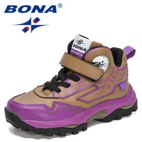 BONA 2021 New Designers Trendy Hiking Sport Shoes Children High Top Teenagers Mountain Climbing Trekking Shoes Child Winter Boot (Color: Medium grey purple, size: 3.5)