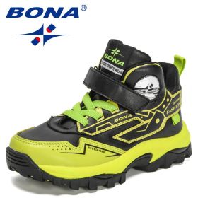 BONA 2021 New Designers Trendy Hiking Sport Shoes Children High Top Teenagers Mountain Climbing Trekking Shoes Child Winter Boot (Color: Black lemoncolored, size: 4.5)