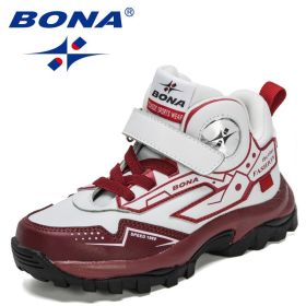 BONA 2021 New Designers Trendy Hiking Sport Shoes Children High Top Teenagers Mountain Climbing Trekking Shoes Child Winter Boot (Color: White dark red, size: 4.5)