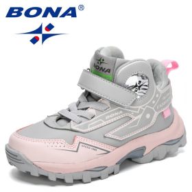 BONA 2021 New Designers Trendy Hiking Sport Shoes Children High Top Teenagers Mountain Climbing Trekking Shoes Child Winter Boot (Color: Light gray pink, size: 5)