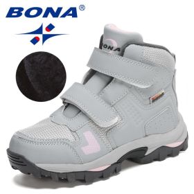 BONA 2021 New Designers Plush Hiking Shoes Children Non-slip Boots Teenagers Trekking Shoes Kids High Top Sneakers Boys Girls (Color: L gray D grey pink, size: 4.5)