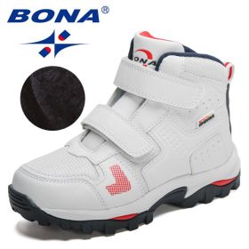 BONA 2021 New Designers Plush Hiking Shoes Children Non-slip Boots Teenagers Trekking Shoes Kids High Top Sneakers Boys Girls (Color: White deep blue red, size: 4.5)