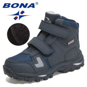 BONA 2021 New Designers Plush Hiking Shoes Children Non-slip Boots Teenagers Trekking Shoes Kids High Top Sneakers Boys Girls (Color: Deep blue S gray, size: 4)