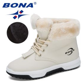 BONA 2020 New Designers High Top Snow Boots Children Winter Thick Plush Warm Non-Slip Boots Big Girls Boys Hiking Footwear Kids (Color: Light beige black, size: 4)