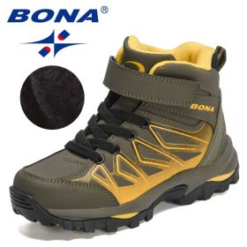 BONA 2021 New Designers Plush Hiking Shoes Children High Top Casual Sneakers Boys Non-slip Trekking Climbing Boots Girls Comfort (Color: Army green yellow, size: 5.5)