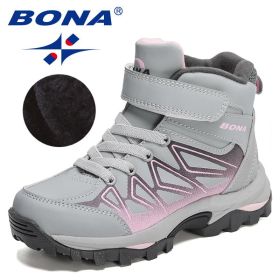 BONA 2021 New Designers Plush Hiking Shoes Children High Top Casual Sneakers Boys Non-slip Trekking Climbing Boots Girls Comfort (Color: L gray D grey pink, size: 4)