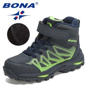 BONA 2021 New Designers Plush Hiking Shoes Children High Top Casual Sneakers Boys Non-slip Trekking Climbing Boots Girls Comfort (Color: Deep blue F green, size: 5)