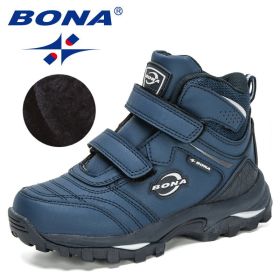 BONA 2020 New Designers Plush Snow Boots Children Sport Sneakers Terkking Boots Kids Hiking Mountain Climbing Camping Footwear (Color: Deep blue S gray, size: 4)