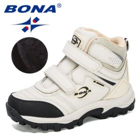 BONA 2020 New Designers Plush Snow Boots Children Sport Sneakers Terkking Boots Kids Hiking Mountain Climbing Camping Footwear (Color: Light beige black, size: 3.5)