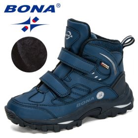 BONA 2020 New Designers Outdoor Snow Boots Boys Girls Plush Sneakers Terkking Boots Children Hiking Mountain Climbing Camping (Color: Deep blue S gray, size: 5)