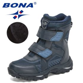 BONA 2022 New Designers Snow Boots For Boys High Top Sneakers For Girls Winter Hiking Sport Shoes Fashion Ankle Boots Children (Color: Deep blue S gray, size: 3.5)