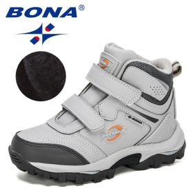 BONA 2020 New Designers Plush Snow Boots Children Sport Sneakers Terkking Boots Kids Hiking Mountain Climbing Camping Footwear (Color: Light gray dark grey, size: 5)