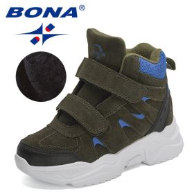 BONA 2022 New Designers High Top Snow Boots Warm Plush Lining Walking Shoes Child Comfortable Anti-Slip Hiking Shoes Children (Color: Army green S gray, size: 3)