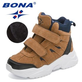 BONA 2022 New Designers High Top Snow Boots Warm Plush Lining Walking Shoes Child Comfortable Anti-Slip Hiking Shoes Children (Color: Light brown black, size: 5.5)