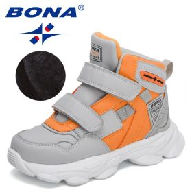 BONA 2022 New Designers Trendy Boots Winter Snow Boots Children Sport Hiking Shoes Boys Girls High Top Sneakers Plush Footwear (Color: Light gray orange, size: 4)