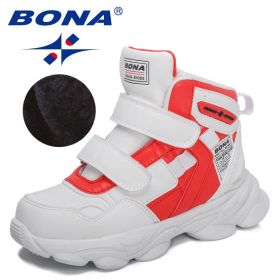 BONA 2022 New Designers Trendy Boots Winter Snow Boots Children Sport Hiking Shoes Boys Girls High Top Sneakers Plush Footwear (Color: White red, size: 4)