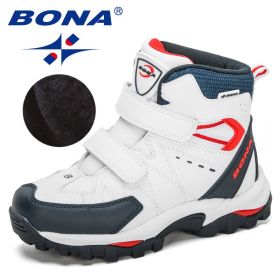 BONA 2020 New Designers Hiking Shoes Non-Slip Sneakers Boys Outdoor Sport Walking Climbing Shoes Kids Ankle Boots Plush Footwear (Color: White deep blue, size: 3.5)