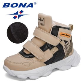 BONA 2022 New Designers Trendy Boots Winter Snow Boots Children Sport Hiking Shoes Boys Girls High Top Sneakers Plush Footwear (Color: Khaki black, size: 3)