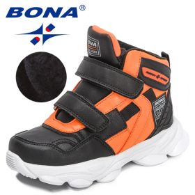 BONA 2022 New Designers Trendy Boots Winter Snow Boots Children Sport Hiking Shoes Boys Girls High Top Sneakers Plush Footwear (Color: Black F orange, size: 4)