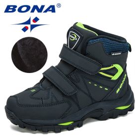 BONA 2020 New Designers Hiking Shoes Non-Slip Sneakers Boys Outdoor Sport Walking Climbing Shoes Kids Ankle Boots Plush Footwear (Color: Deep blue F green, size: 4)