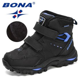 BONA 2020 New Designers Hiking Shoes Non-Slip Sneakers Boys Outdoor Sport Walking Climbing Shoes Kids Ankle Boots Plush Footwear (Color: Charcoal grey R blue, size: 3)