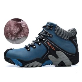 High quality Men's Hiking Shoes Outdoor High top Hunting Boots Men Genuine Leather Comfortable Trekking Boots (Color: Blue -A2027 Fur, size: 40)