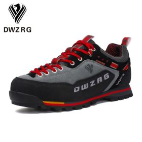 DWZRG Waterproof Hiking Shoes Mountain Climbing Shoes Outdoor Hiking Boots Trekking Sport Sneakers Men Hunting Trekking (Color: Gray Red, size: 45)