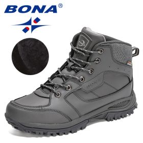 BONA 2022 New Designers Casual Winter Outdoor Snow Shoes Men Fashion Action Leather Plush Warm Boots Man High Top Hiking Shoes (Color: Dark grey S gray, size: 10)