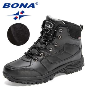 BONA 2022 New Designers Casual Winter Outdoor Snow Shoes Men Fashion Action Leather Plush Warm Boots Man High Top Hiking Shoes (Color: Black silver gray, size: 9.5)