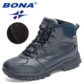 BONA 2022 New Designers Casual Winter Outdoor Snow Shoes Men Fashion Action Leather Plush Warm Boots Man High Top Hiking Shoes (Color: Deep blue S gray, size: 8)