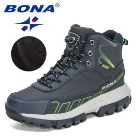 BONA 2022 New Designers Action Leather Winter Brand Snow Boots Men Super Warm Ankle Boots Man Plush Hiking Soft Boots Mansculino (Color: Deep blue F green, size: 8)