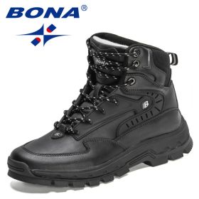 BONA 2022 New Designers High-Top Hiking Boots Men Action Leather Outdoor Wear-Resistant Non-Slip Snow Shoes Man Ankle Boots Soft (Color: Black silver gray, size: 8)