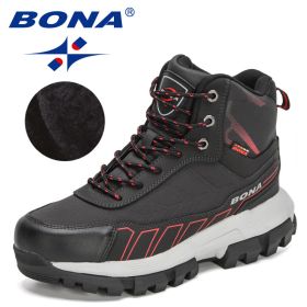 BONA 2022 New Designers Action Leather Winter Brand Snow Boots Men Super Warm Ankle Boots Man Plush Hiking Soft Boots Mansculino (Color: black red, size: 8)