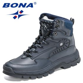 BONA 2022 New Designers High-Top Hiking Boots Men Action Leather Outdoor Wear-Resistant Non-Slip Snow Shoes Man Ankle Boots Soft (Color: Deep blue S gray, size: 8.5)