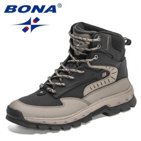 BONA 2022 New Designers High-Top Hiking Boots Men Action Leather Outdoor Wear-Resistant Non-Slip Snow Shoes Man Ankle Boots Soft (Color: Medium grey black, size: 8)