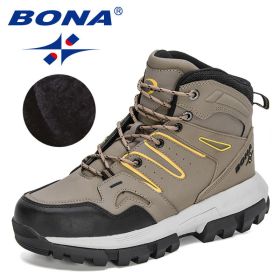 BONA 2022 New Designers Action Leather Brand Winter Warm Snow Boots Men Plush High Quality Hiking Boots Man Outdoor Footwear (Color: Medium gray black, size: 8.5)