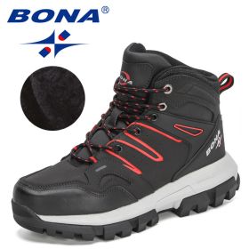 BONA 2022 New Designers Action Leather Brand Winter Warm Snow Boots Men Plush High Quality Hiking Boots Man Outdoor Footwear (Color: Charcoal grey red, size: 8)