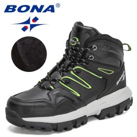 BONA 2022 New Designers Action Leather Brand Winter Warm Snow Boots Men Plush High Quality Hiking Boots Man Outdoor Footwear (Color: Black F green, size: 9.5)