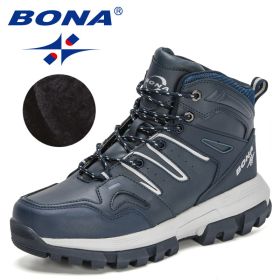 BONA 2022 New Designers Action Leather Brand Winter Warm Snow Boots Men Plush High Quality Hiking Boots Man Outdoor Footwear (Color: Deep blue S gray, size: 10)