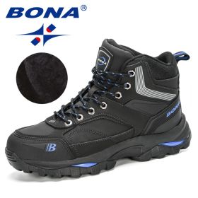 BONA 2022 New Designers Nubuck Hiking Boots Men Winter Shoes Walking Climbing Mountain Sport Boots Man Plush Warm Snow Footwear (Color: Charcoal grey R blue, size: 8.5)