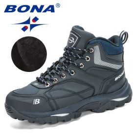 BONA 2022 New Designers Nubuck Hiking Boots Men Winter Shoes Walking Climbing Mountain Sport Boots Man Plush Warm Snow Footwear (Color: Deep blue S gray, size: 9)