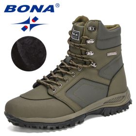 BONA 2022 New DesignersAction Leather Winter Ankle Boots Men Tactical Plush Anti-Skidding Classical Footwear Man Hiking Boots (Color: Army green S gray, size: 10)