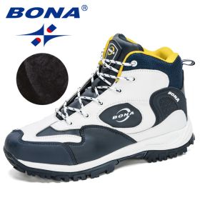 BONA 2022 New Arrival Action Leather Hiking Shoes Men Trekking Sneakers Mountain Plush Snow Boots Man Anti-Slippery Footwear (Color: White D blue yellow, size: 8)