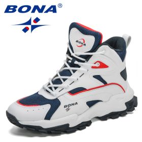 BONA 2022 New Designers Outdoor Mountain Desert Climbing Shoes Men Ankle Hiking Boots Man High Top Winter Boots Mansculino Comfy (Color: White deep blue, size: 10.5)